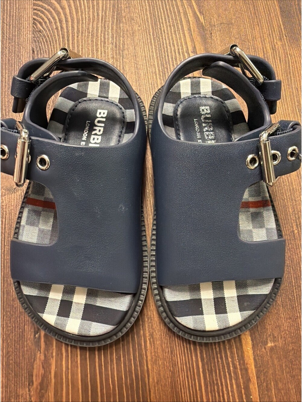Burberry Kids Blue Chequerboard Print Buckled Sandals Size UK 6 With Box